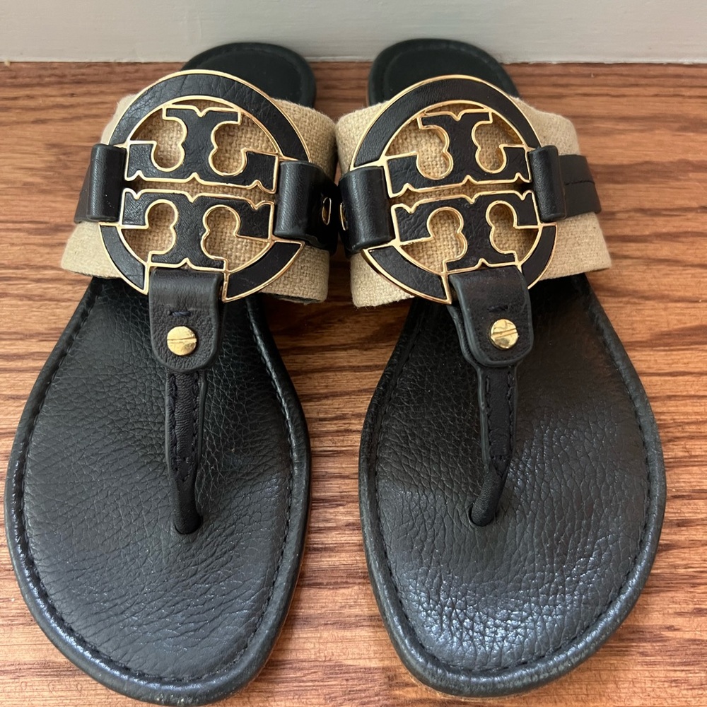 Tory Burch Black and Beige Logo Thong Sandals